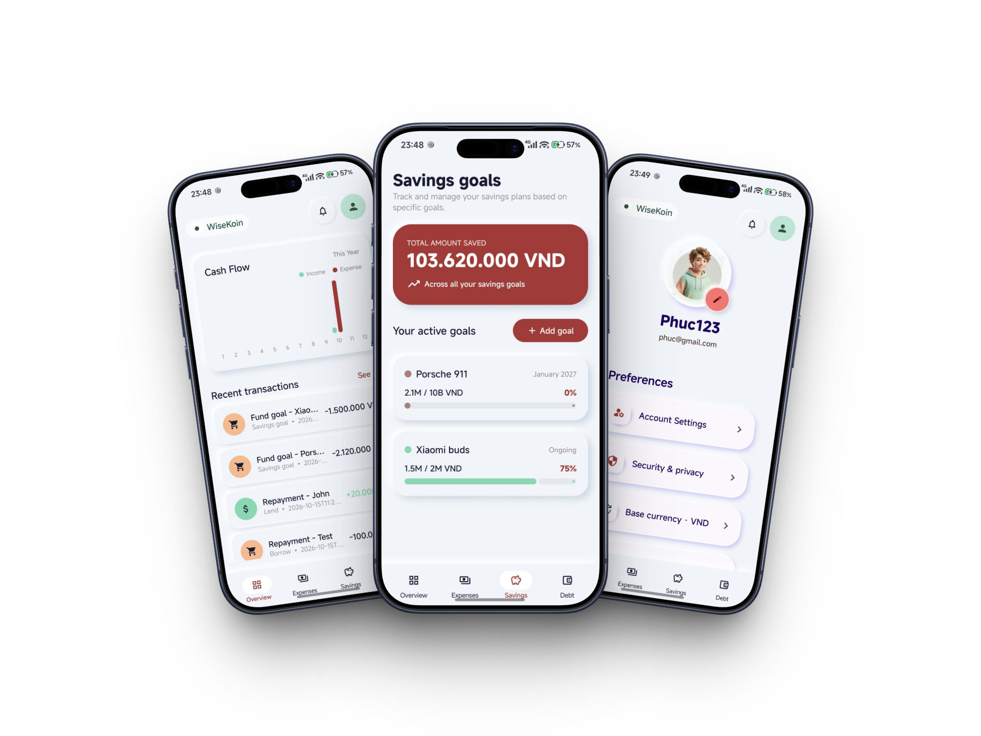 WiseKoin overview, savings goals, and profile screens