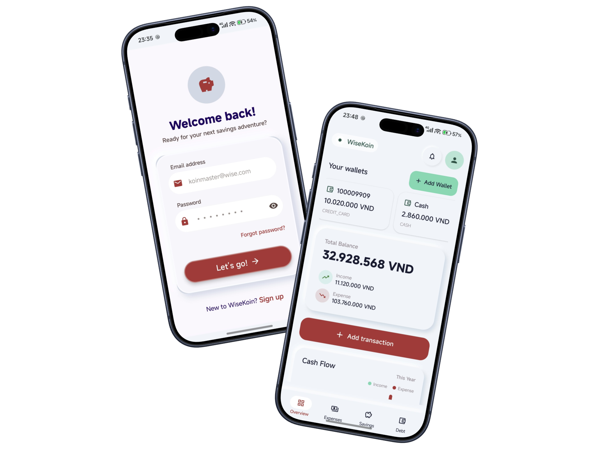 WiseKoin login and wallet overview screens
